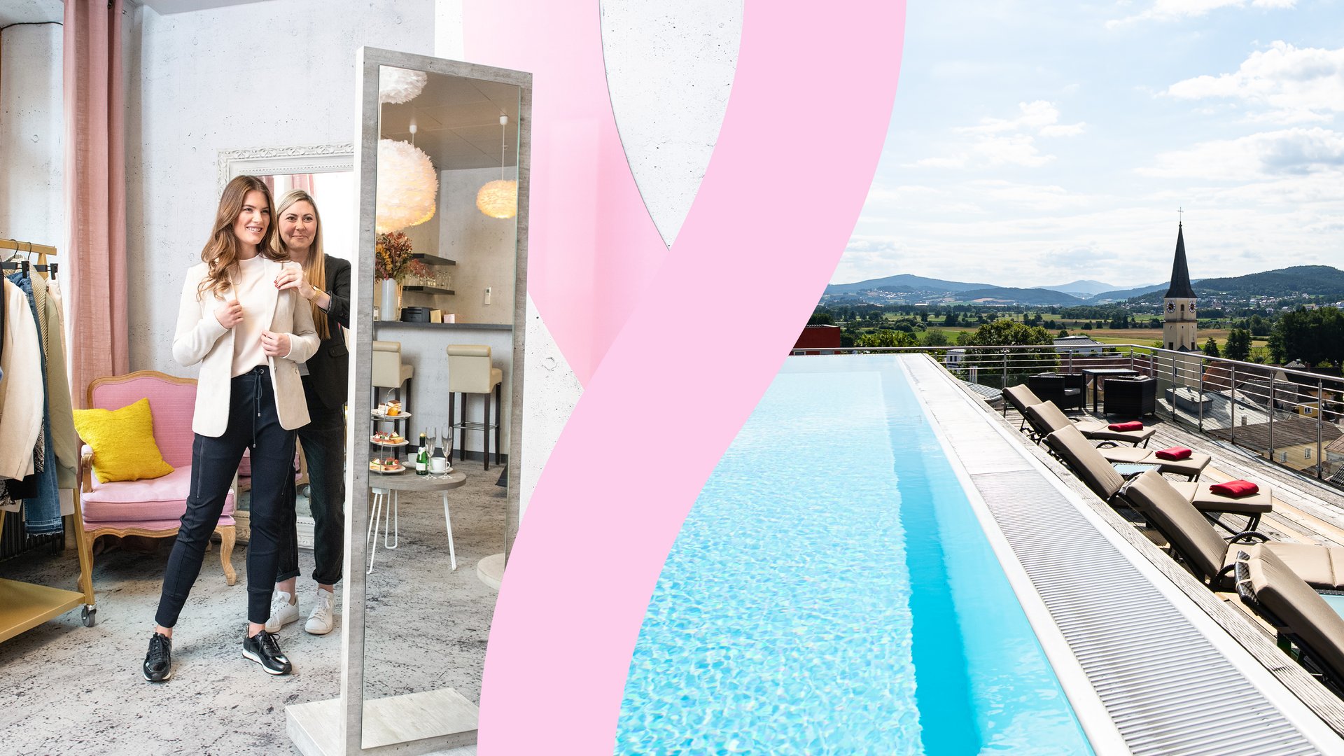 Wellnessurlaub mit Shopping im Bayerischen Wald Kombiniertes Headerbild mit Shopping-Erlebnis im FREY Modehaus und Rooftop-Pool des Wellnesshotel Randsbergerhof in Cham, Bayerischer Wald – exklusive Kooperation für Wellness und Shopping in der Oberpfalz.